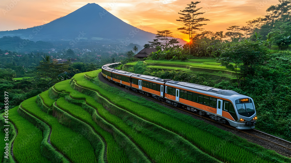 Scenic Train Journey Through Verdant Rice Terraces at Sunset with Mountain Backdrop Rural Landscape View in Golden Hour Featuring Lush Green Fields