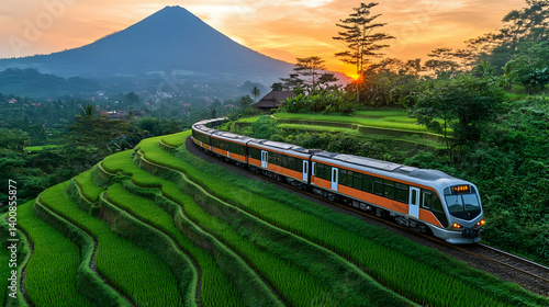 Obraz na płótnie Scenic Train Journey Through Verdant Rice Terraces at Sunset with Mountain Backdrop Rural Landscape View in Golden Hour Featuring Lush Green Fields w salonie