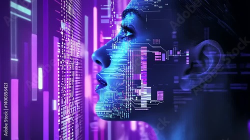 Futuristic Portrait of a Female with Digital Elements and Neon Lights in Cyber Environment