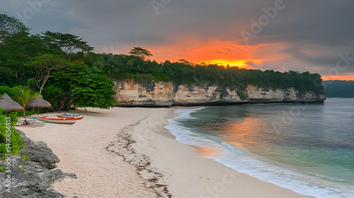 Scenic Tropical Beach with Golden Sunset and Lush Green Vegetation Sandy Shore and Calm Ocean Water Under a Dramatic Sky in Exotic Location