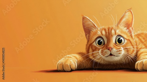 Ginger cat with big eyes lying down on orange background