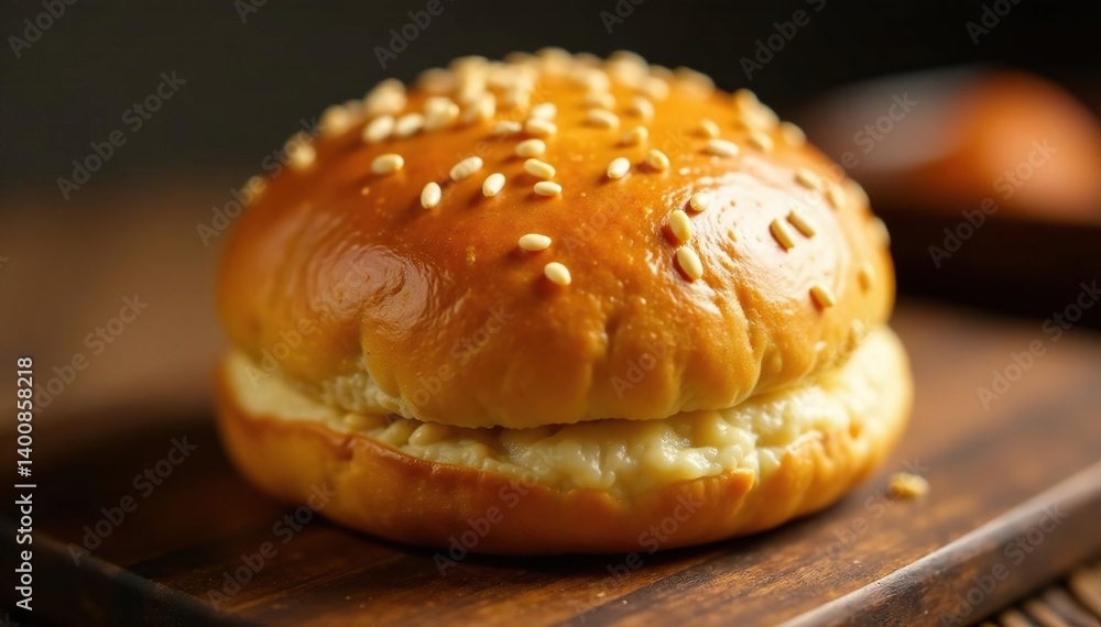 Golden brown, perfectly toasted sesame seed bun , dinner, object, closeup Golden brown, perfectly toasted sesame seed bun , dinner, object, closeup