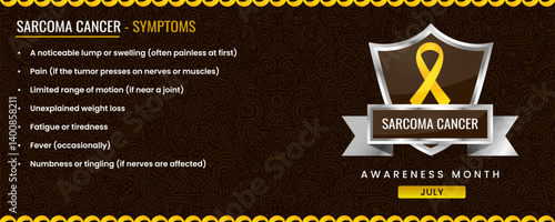 Original Sarcoma Cancer ribbon with Symptoms, Shield Design with Pattern Based Background.