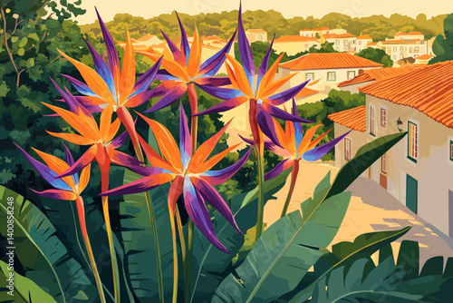 Exotic bird of paradise flowers in foreground of sunlit southern village