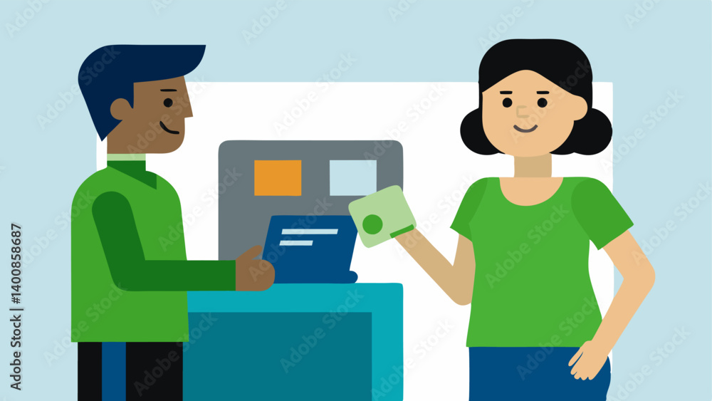 Obraz premium Customer Support A friendly staff member assisting a user at the ATM demonstrating how to complete a transaction or addressing questions.