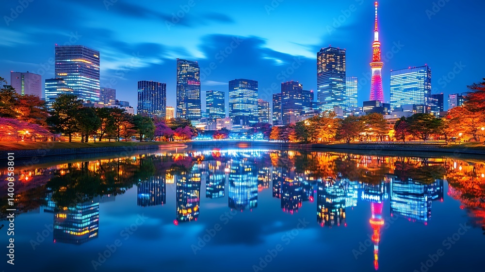 Fototapeta premium Golden hour in tokyo with tower and reflections high resolution picture