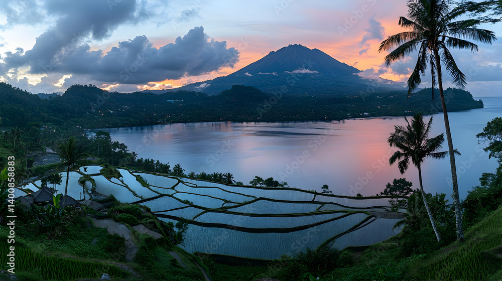 Scenic Tropical Island Mountain View at Sunset with Colorful Sky Reflected in Water and Lush Green Terraces on Coastal Landscape