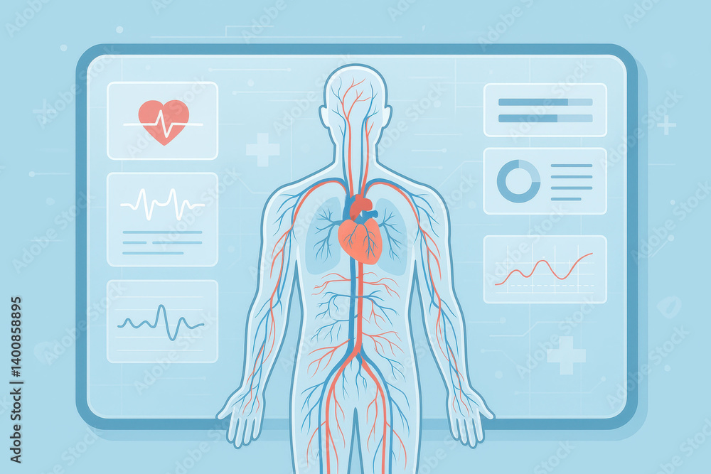 Medical technology and data visualized in modern flat illustrations.