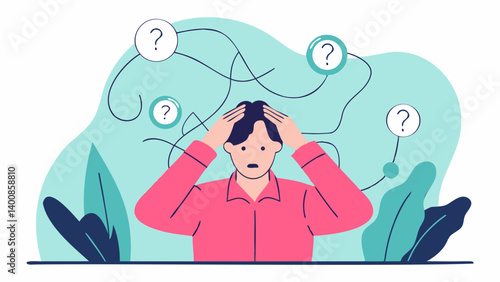 a frustrated man with anxiety has a busy line of thoughts over her head, Vector illustration 