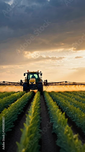 Tractor spraying crops on a field at sunset, with dramatic clouds,  agriculture and farm machinery in golden sunlight, cultivating land
