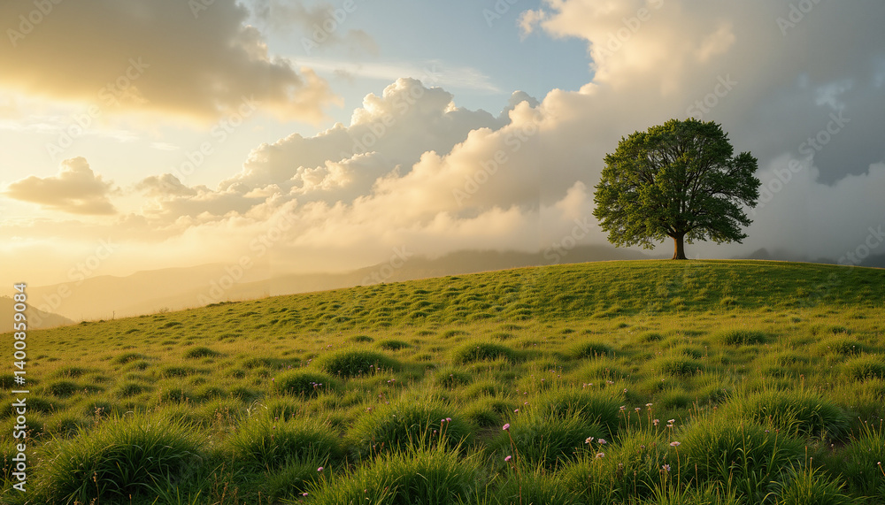 Obraz premium Lush green landscape at golden hour with a solitary tree 