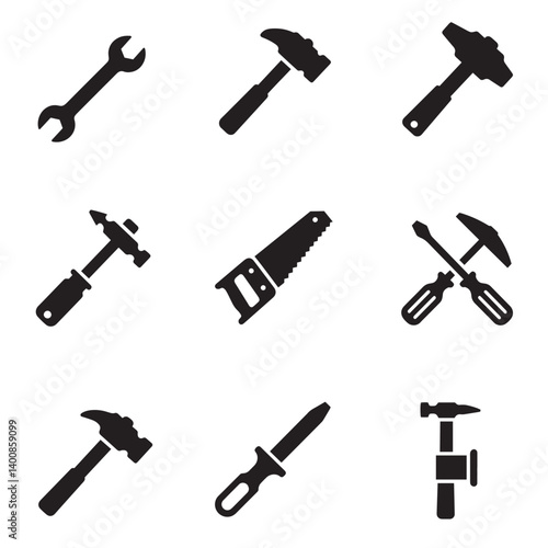 Silhouette tool symbols in black vector style with illustrations of chisel hammer wrench screwdriver trowel saw drill axe and pliers for industrial graphic projects
