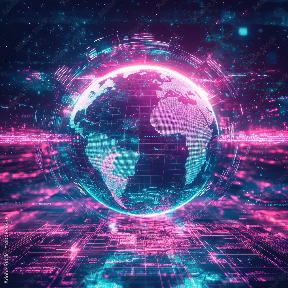 A glowing digital sphere surrounded by neon pink and teal data streams, representing a global cybersecurity network. A glowing digital sphere surrounded by neon pink and teal data streams, representing a global cybersecurity network.