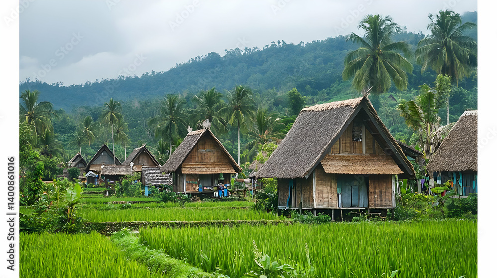 Scenic Tropical Village Landscape With Lush Green Rice Fields and Thatched Roof Huts Against a Mountainous Backdrop Under Cloudy Sky