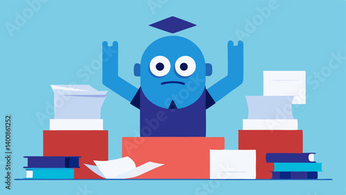 Overwhelmed Desk Scene A cartoonstyle character is sitting at a cluttered desk with stacks of papers towering around them. The character has wide anxious eyes and is frantically