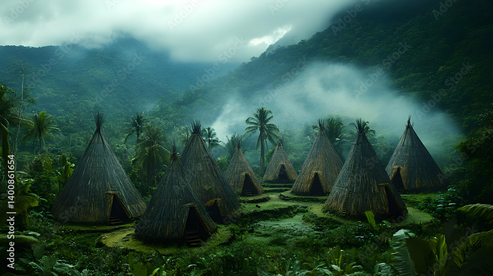Scenic Tropical Village with Huts in Lush Green Forest on Overcast Day with Mist Shrouded Mountains