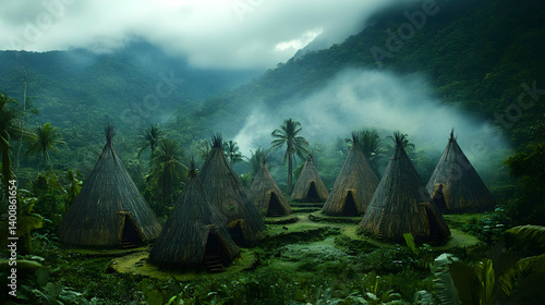 Obraz na płótnie Scenic Tropical Village with Huts in Lush Green Forest on Overcast Day with Mist Shrouded Mountains w salonie