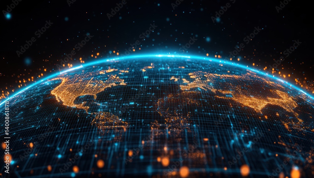 Digital earth globe with glowing lights showing continents and network connections. Digital earth globe with glowing lights showing continents and network connections.