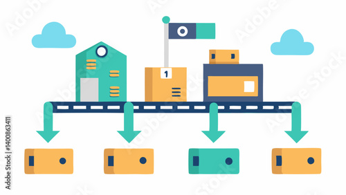 Automated Sorting System A conveyor belt in a distribution center with packages being sorted automatically with arrows indicating the destinations based on AI algorithms for