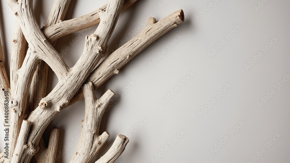 Fototapeta premium Unique Natural Driftwood Texture in an Artistic Arrangement on a Light Background for Stylish Home Décor and Design Inspiration