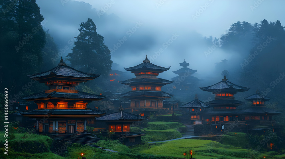 Scenic View of Traditional Asian Temples Amidst Foggy Green Landscape at Dusk with Ornate Pagodas and Ancient Architecture