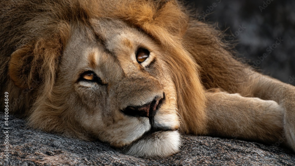 Naklejka premium Close-up of a majestic male lion resting on a rock, its amber eyes gazing up.