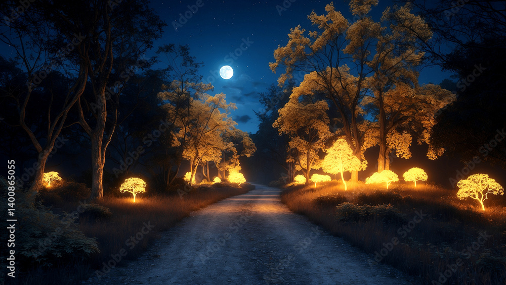 Fototapeta premium Moonlit surreal pathway through glowing enchanted forest