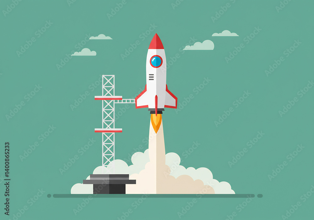 Fototapeta premium Red and White Rocket Launching from Platform Against Teal Background