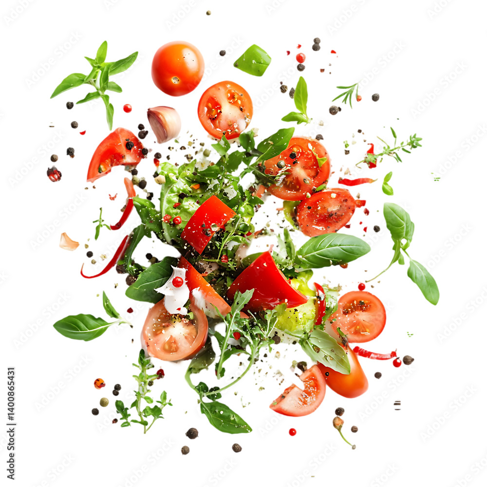 Fresh flying vegetables salad on a transparent background Fresh flying vegetables salad on a transparent background