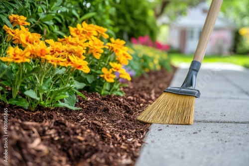 Wallpaper Mural A broom sweeping a concrete path next to a flower bed with yellow flowers and brown mulch in a garden Torontodigital.ca