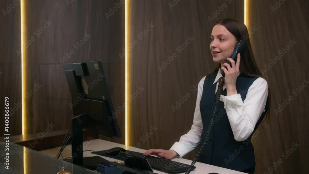 Female hotel receptionist in formal uniform answering phone call and typing on computer while working at front desk