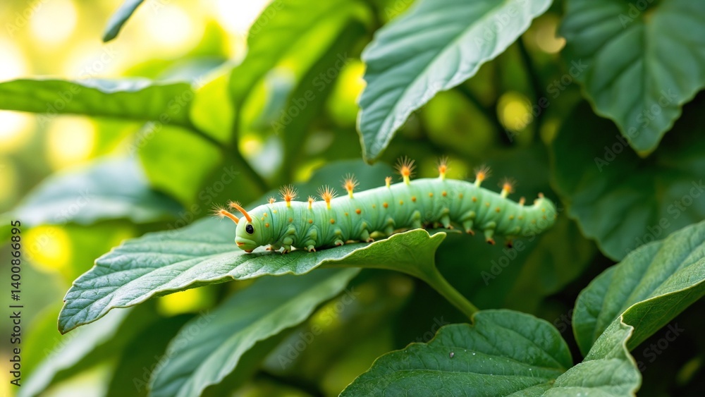 Fototapeta premium Vibrant Green Caterpillar Crawling on Leaf Surrounded by Lush Foliage and Soft Light in Natural Environment