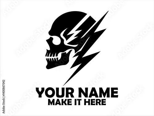 Illustration striking black and white graphic of a skull with lightning bolts on a triangular backdrop. Danger concept,  tatoo skull and skull vector logo design