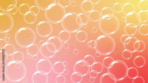Air bubbles, aqua and effervescent water fizz with colorful background in yellow, orange and red  