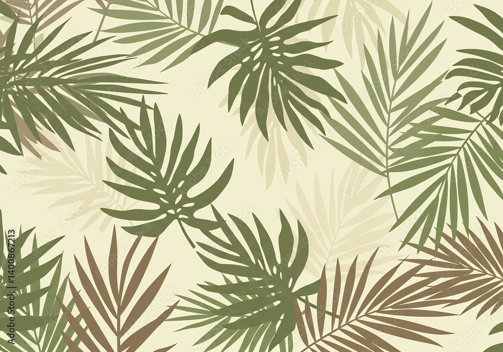 Seamless Pattern of Green and Brown Palm Leaves on Beige Background Seamless Pattern of Green and Brown Palm Leaves on Beige Background