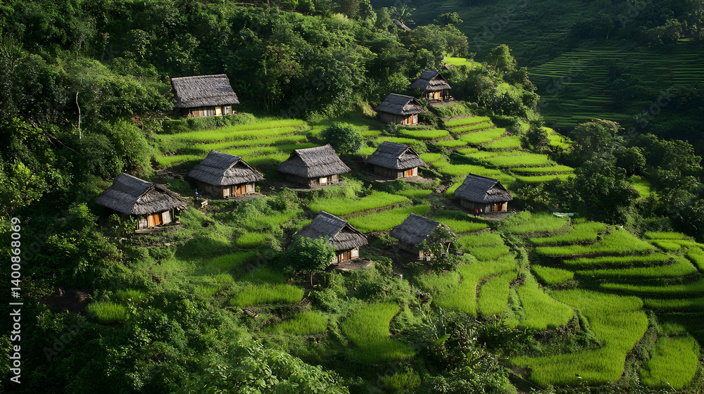 Scenic Village Nestled on a Green Hillside with Thatched Roof Houses Surrounded by Lush Vegetation in a Rural Landscape