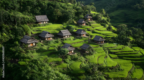 Obraz na płótnie Scenic Village Nestled on a Green Hillside with Thatched Roof Houses Surrounded by Lush Vegetation in a Rural Landscape w salonie