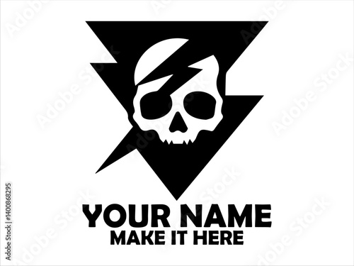 Illustration striking black and white graphic of a skull with lightning bolts on a triangular backdrop. Danger concept,  tatoo skull and skull vector logo design