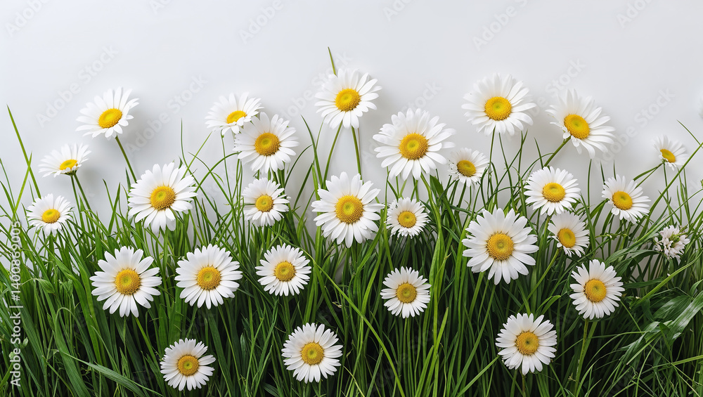 Fototapeta premium Fresh daisies growing in green grass on white background