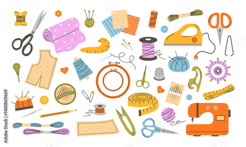 Needlework and embroidery tools set. Threads, fabric, scissors, pins, needles, sewing machine, measuring tape.
