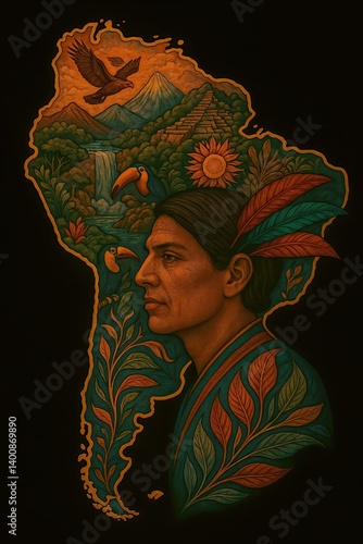 Indigenous man representing south america with waterfall, toucans, and mayan ruins