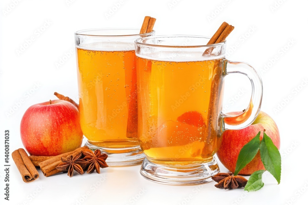 Two mugs filled with cider next to apples and cinnamon sticks on white Two mugs filled with cider next to apples and cinnamon sticks on white