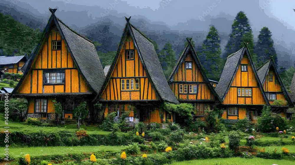 Scenic Village with Yellow and Black Houses Surrounded by Greenery under an Overcast Sky