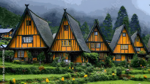 Obraz na płótnie Scenic Village with Yellow and Black Houses Surrounded by Greenery under an Overcast Sky w salonie