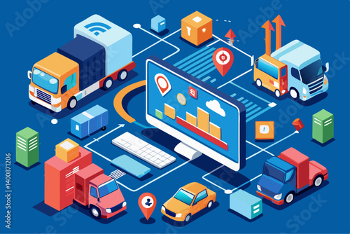 Vector design of fleet management concept with trucks, GPS, and route optimization dashboard
