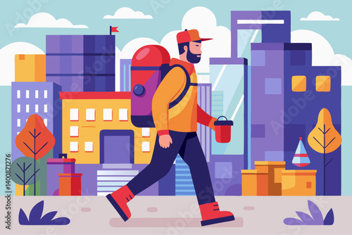 Colorful vector of last-mile delivery courier walking with insulated backpack in urban setting