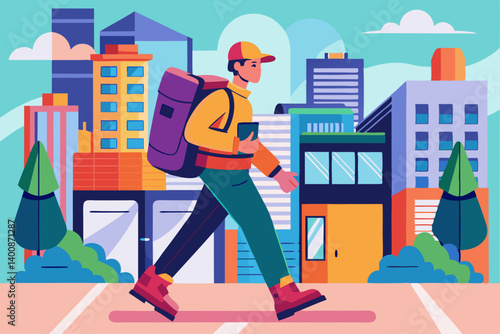 Colorful vector of last-mile delivery courier walking with insulated backpack in urban setting