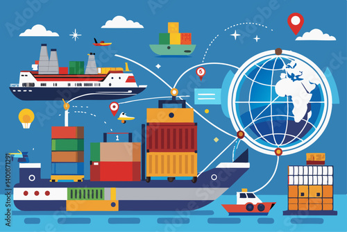 Flat vector of international freight logistics with cargo ship, containers, and global tracking lines