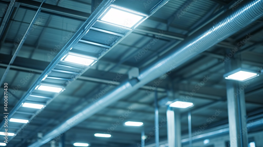 Interior view of a warehouse or factory with pipes and ceiling lights. Interior view of a warehouse or factory with pipes and ceiling lights.