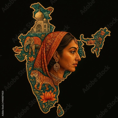 Indian woman representing india with taj mahal, elephant and tiger
